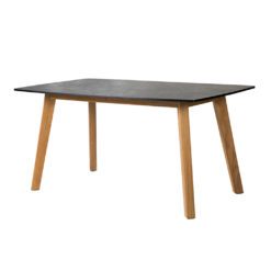 Memphis Low Dining Tisch. Moderner Low Dining Tisch mit 13 mm DiGa Compact Tischplatte (HPL) im Dekor Schiefer und einem sehr hochwertigen Untergestell aus Premium Teak. Tischbeine in konischer Form.