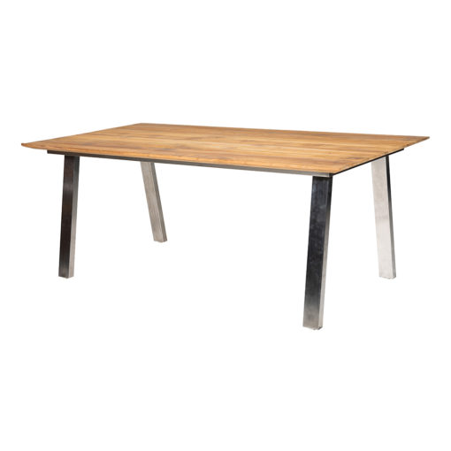 Novano Tisch. Hochwertiger moderner Tisch mit einem Edelstahl/304-Tischgestell und schräger Beinstellung. Tischplatte aus recyceltem, altem Teakholz